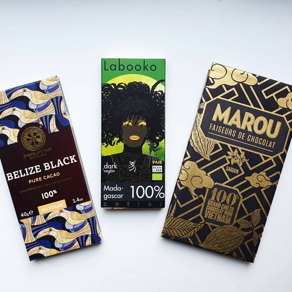 Chocolate Tree Belize Black, Zotter Madagaskar og Marou 100 %