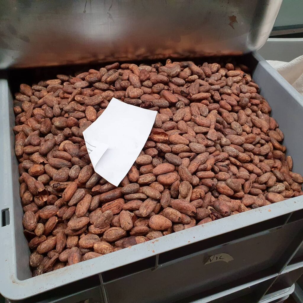 Kakaobønner i en kasse på fabrikken