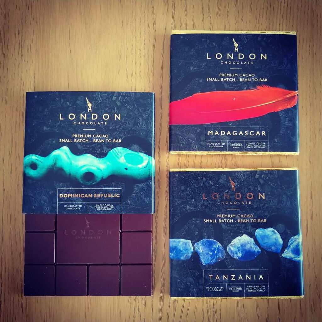 Sjokoladeplater fra London Chocolate med kakao fra Madagaskar, Tanzania og Den dominikanske republikk