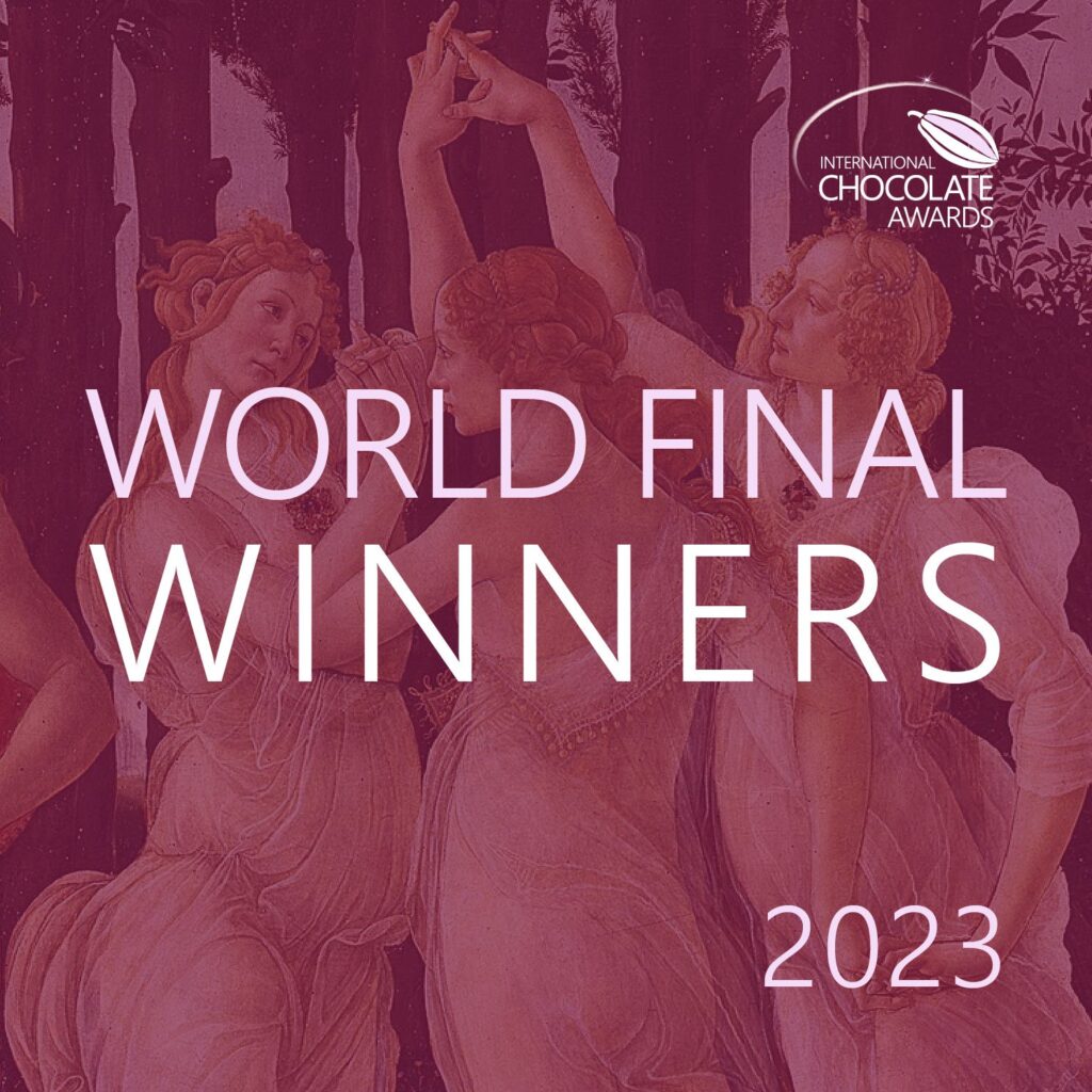 Kunngjøringsgrafikk for vinnerne av verdensfinalen 2023 i International Chocolate Awards