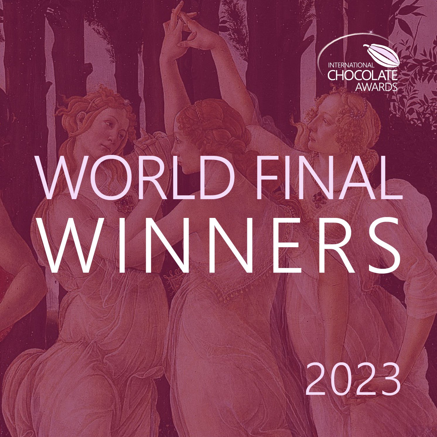 Kunngjøringsgrafikk for vinnerne av verdensfinalen 2023 i International Chocolate Awards