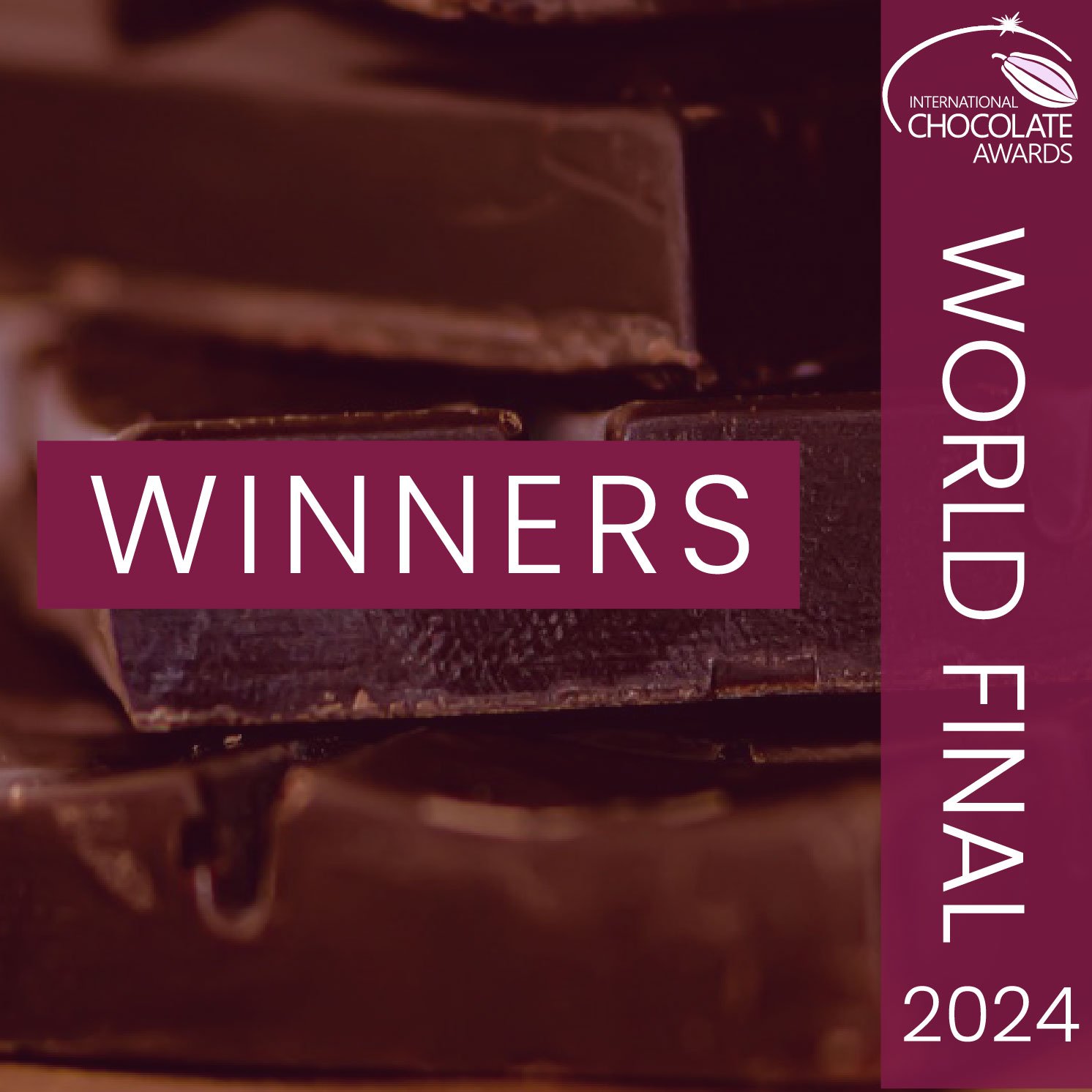 Kunngjøringsgrafikk for vinnerne av verdensfinalen 2024 i International Chocolate Awards