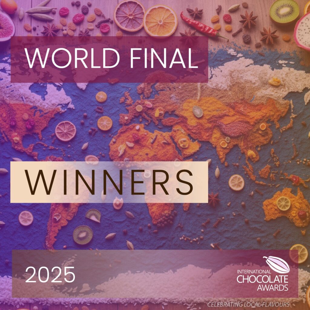 Kunngjøringsgrafikk for vinnerne av verdensfinalen 2025 i International Chocolate Awards, verdenskart av krydder og frukt